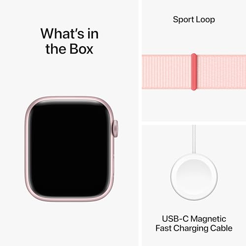 Apple Watch Series 9 [GPS 45 mm] Smartwatch con caja de aluminio rosa y correa deportiva rosa. Monitor de actividad física, aplicaciones de oxígeno en sangre y ECG, pantalla Retina siempre activa, neutral en carbono