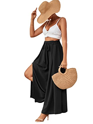 LYANER Women's Tie Front High Waist Side Split Slit Flowy Wide Leg Pleated Pant with Belt Solid Black Medium