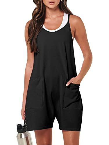 ANRABESS Women's Summer Casual Sleeveless Romper Loose Spaghetti Strap Shorts Overalls Jumpsuit with Pockets 2024 Clothes Black Medium