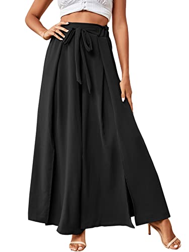 LYANER Women's Tie Front High Waist Side Split Slit Flowy Wide Leg Pleated Pant with Belt Solid Black Medium