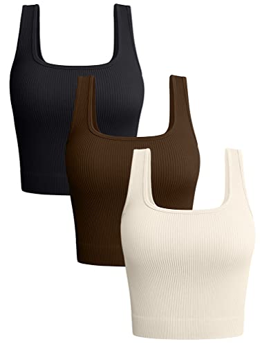 OQQ - Camisetas sin mangas de 3 piezas para mujer, camisetas de entrenamiento sin costuras acanaladas, camisetas cortas de yoga, color negro, café y beige