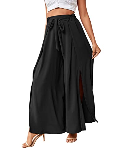 LYANER Women's Tie Front High Waist Side Split Slit Flowy Wide Leg Pleated Pant with Belt Solid Black Medium