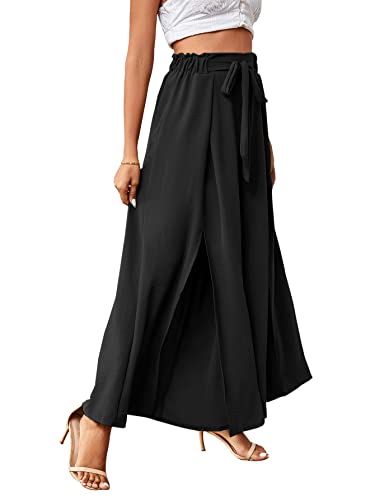 LYANER Women's Tie Front High Waist Side Split Slit Flowy Wide Leg Pleated Pant with Belt Solid Black Medium