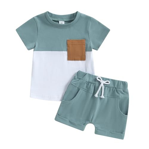 fhutpw Baby Toddler Boy Clothes Summer Outfits 6 12 18 24 Months Patchwork Short Sleeve T Shirt & Shorts Sets with Pockets