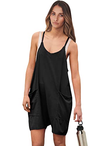 ANRABESS Women's Summer Casual Sleeveless Romper Loose Spaghetti Strap Shorts Overalls Jumpsuit with Pockets 2024 Clothes Black Medium