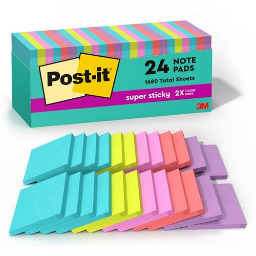 Notas adhesivas Post-it Super Sticky, 3 x 3 pulgadas, 24 blocs, doble poder de adherencia, neones Supernova, colores brillantes, reciclables