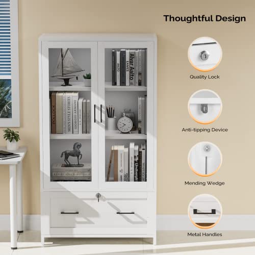 VINGLI Lateral File Cabinet with Glass Doors and Locking Drawer for Hanging File Folders, Bookshelf with Adjustable Shelves for Home Office (White, 30''W x 16''D x 55''H)