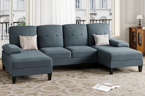 Sofá seccional JAMFLY para sala de estar, sofá en forma de U de 4 plazas con tela de lino y chaise longue dobles para apartamento, oficina, gris oscuro