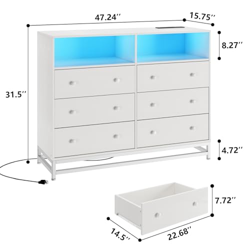 Jojoka Wide Dresser for Bedroom with Charging Station, 6 Drawer Dresser with LED Lights