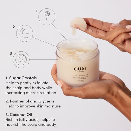 OUAI Scalp & Body Scrub - Exfoliating Body Scrub with Sugar & Coconut Oil Blend for Smooth, Moisturized Skin - Gentle Scalp Scrub for Removing Product Build Up (8.8 Oz)