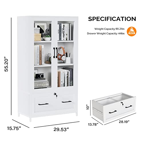 VINGLI Lateral File Cabinet with Glass Doors and Locking Drawer for Hanging File Folders, Bookshelf with Adjustable Shelves for Home Office (White, 30''W x 16''D x 55''H)