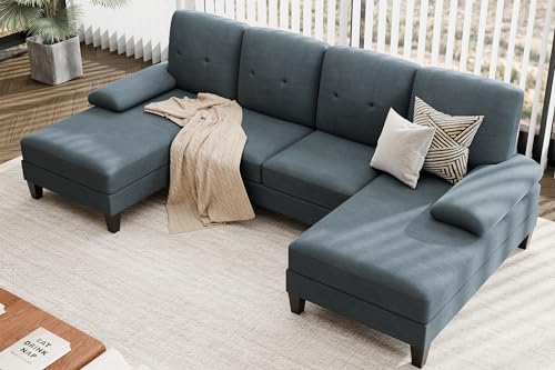 Sofá seccional JAMFLY para sala de estar, sofá en forma de U de 4 plazas con tela de lino y chaise longue dobles para apartamento, oficina, gris oscuro