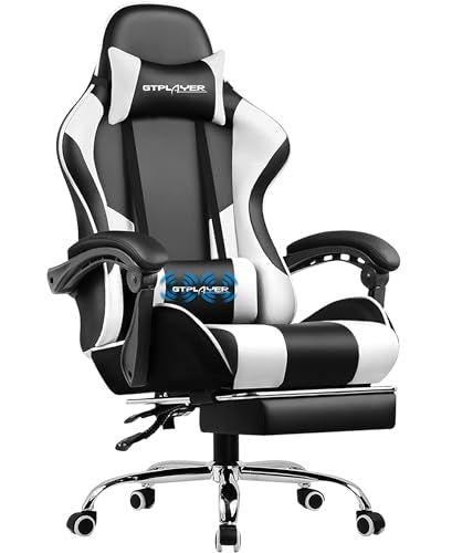 Silla para juegos GTPLAYER, silla para computadora con reposapiés y soporte lumbar, silla para juegos de altura ajustable con asiento giratorio de 360° y reposacabezas y para oficina o juegos (blanco)