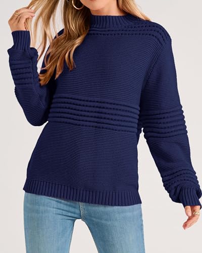 ***KIRUNDO Knit Sweater for Women Trendy Long Sleeve Striped Round Neck Soft Chunky Knit Pullover Cute Crochet Hollow Out Sweaters Fall Winter Ladies Sweater Navy(Navy, Small)***