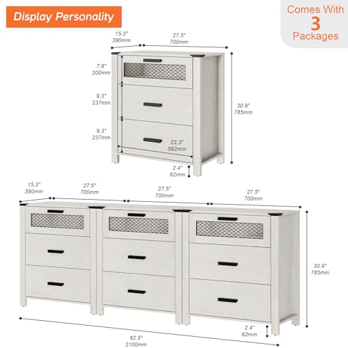 Aparadores tipo buffet WAMPAT con 9 cajones, gabinetes de almacenamiento de cocina con puerta de malla, unidades organizadoras de almacenamiento de barra de café de madera, muebles para comedor, sala de estar y dormitorio, blanco antiguo