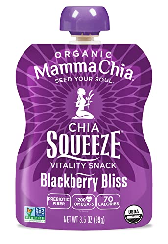 Snack orgánico Vitality Squeeze de Mamma Chia, sabor a mora, 24 sobres de chía de 3,5 onzas. Orgánico certificado por el USDA, sin OGM, vegano, sin gluten y kosher. Frutas y verduras con solo 70 calorías