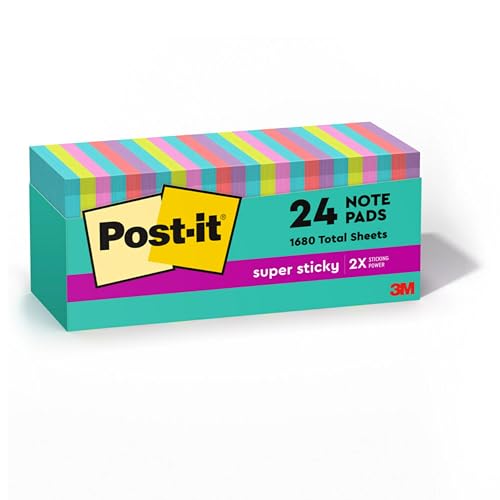 Notas adhesivas Post-it Super Sticky, 3 x 3 pulgadas, 24 blocs, doble poder de adherencia, neones Supernova, colores brillantes, reciclables