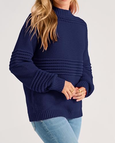 ***KIRUNDO Knit Sweater for Women Trendy Long Sleeve Striped Round Neck Soft Chunky Knit Pullover Cute Crochet Hollow Out Sweaters Fall Winter Ladies Sweater Navy(Navy, Small)***