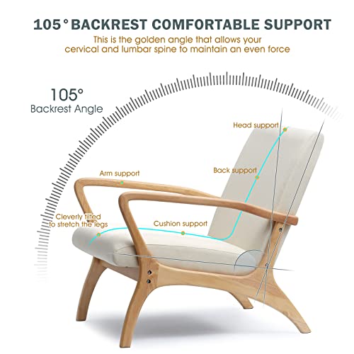 Sillón con reposabrazos CDCASA de estilo moderno de mediados de siglo con cojín, tapizado de tela de lino y marco de madera, para sala de estar, dormitorio, lectura y balcón, juego de 1