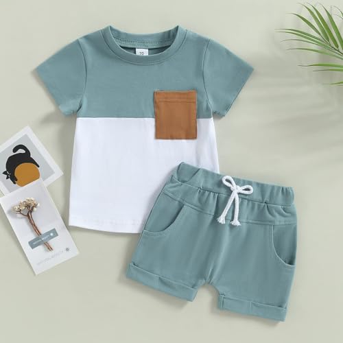 fhutpw Baby Toddler Boy Clothes Summer Outfits 6 12 18 24 Months Patchwork Short Sleeve T Shirt & Shorts Sets with Pockets