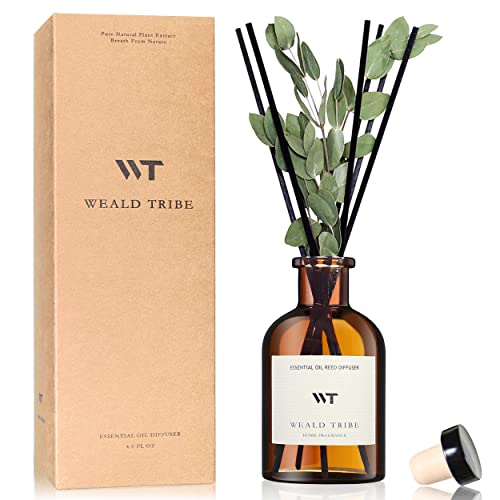 Flower Reed Diffuser Set Eucalyptus & Lavender Scent for Bathroom Accessories Shelf Air Fresheners, Sticks Defusers with 4.0 fl oz Essential Oils & Leaves, House Bedroom Office Decor & Gifts