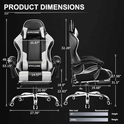 GTPLAYER Gaming Chair, Computer Chair with Footrest and Lumbar Support, Height Adjustable Game Chair with 360°-Swivel Seat and Headrest and for Office or Gaming (White)