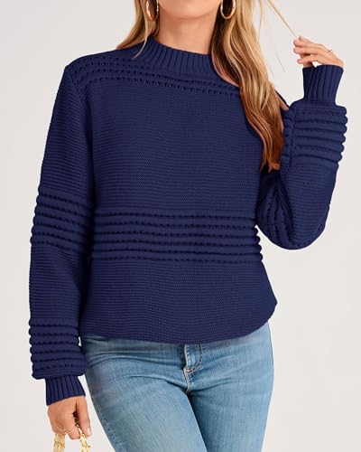 ***KIRUNDO Knit Sweater for Women Trendy Long Sleeve Striped Round Neck Soft Chunky Knit Pullover Cute Crochet Hollow Out Sweaters Fall Winter Ladies Sweater Navy(Navy, Small)***