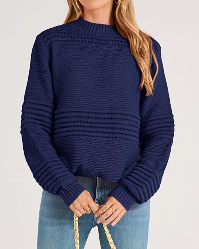 ***KIRUNDO Knit Sweater for Women Trendy Long Sleeve Striped Round Neck Soft Chunky Knit Pullover Cute Crochet Hollow Out Sweaters Fall Winter Ladies Sweater Navy(Navy, Small)***