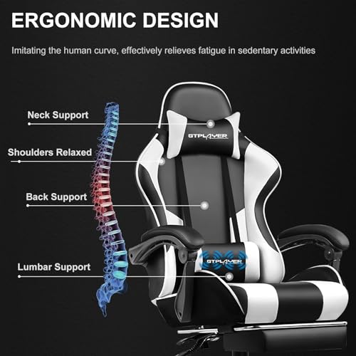 Silla para juegos GTPLAYER, silla para computadora con reposapiés y soporte lumbar, silla para juegos de altura ajustable con asiento giratorio de 360° y reposacabezas y para oficina o juegos (blanco)