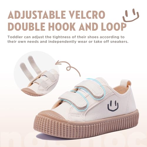 HAPPY NOCNOC Toddler Shoes for Boys & Girls, Canvas Dual Hook and Loops Kid Sneakers with Candy-Colored Sole Size 6-14 Khaki