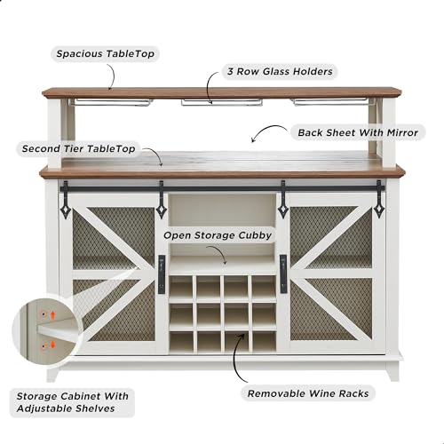 Mueble bar de café estilo granja OKD con luces LED, mesa de buffet de 55" con puerta corrediza estilo granero y estante para vinos y copas, barra de licores para el hogar con estantes de almacenamiento para el comedor, blanco antiguo