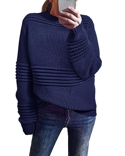 ***KIRUNDO Knit Sweater for Women Trendy Long Sleeve Striped Round Neck Soft Chunky Knit Pullover Cute Crochet Hollow Out Sweaters Fall Winter Ladies Sweater Navy(Navy, Small)***