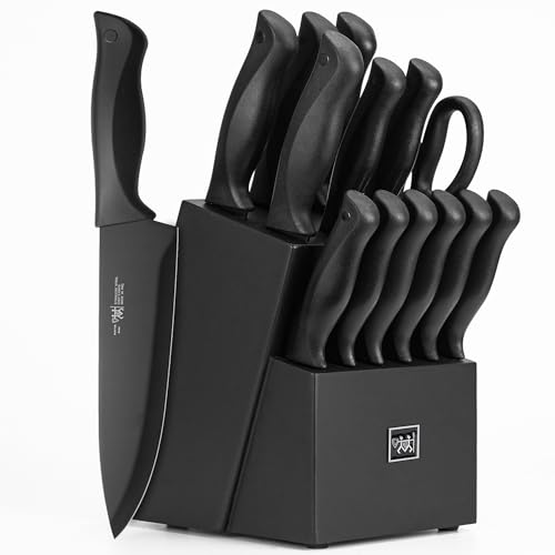 Juego de cuchillos de cocina con bloque, HUNTER.DUAL Juego de cuchillos de cocina de 15 piezas con bloque autoafilable, apto para lavavajillas, mango antideslizante, color negro