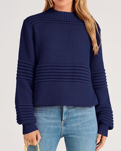 ***KIRUNDO Knit Sweater for Women Trendy Long Sleeve Striped Round Neck Soft Chunky Knit Pullover Cute Crochet Hollow Out Sweaters Fall Winter Ladies Sweater Navy(Navy, Small)***