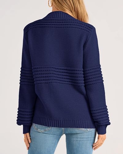 ***KIRUNDO Knit Sweater for Women Trendy Long Sleeve Striped Round Neck Soft Chunky Knit Pullover Cute Crochet Hollow Out Sweaters Fall Winter Ladies Sweater Navy(Navy, Small)***