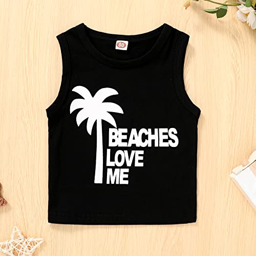 Ropa de verano para bebés varones YOUNGER TREE, camisetas sin mangas y pantalones cortos con estampado de Beaches Love Me, conjuntos casuales para niños (negro, 18 a 24 meses)