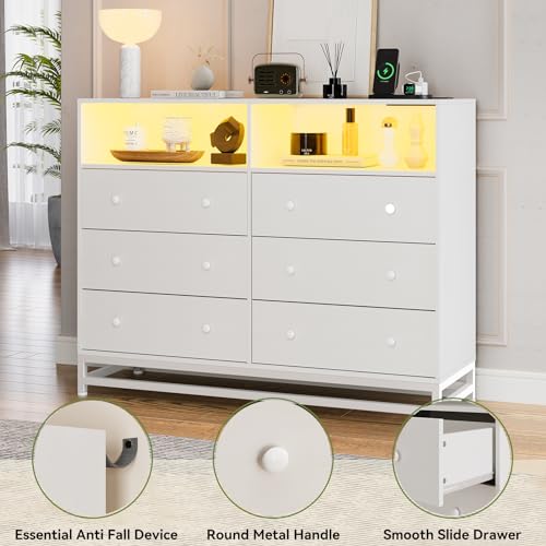 Jojoka Wide Dresser for Bedroom with Charging Station, 6 Drawer Dresser with LED Lights