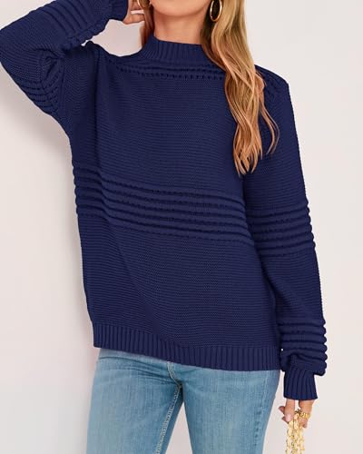 ***KIRUNDO Knit Sweater for Women Trendy Long Sleeve Striped Round Neck Soft Chunky Knit Pullover Cute Crochet Hollow Out Sweaters Fall Winter Ladies Sweater Navy(Navy, Small)***