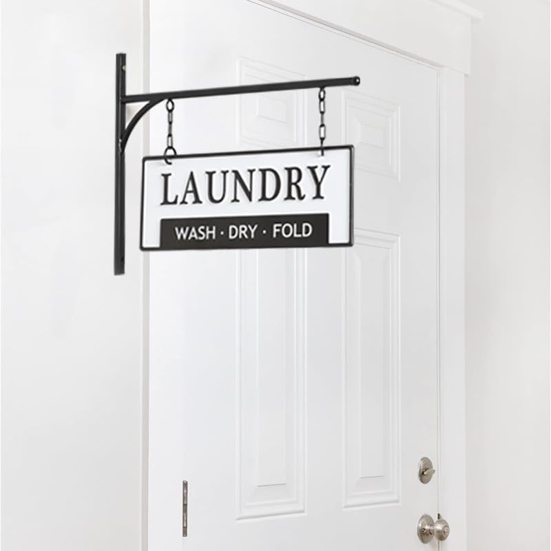 Laundry Wash Dry Fold Laundry Hanging Sign for Laundry Room, Decorative Metal Laundry Room Wall Decor, Double-Sided Embossed with Bracket - 13 x 10.5 Inchs