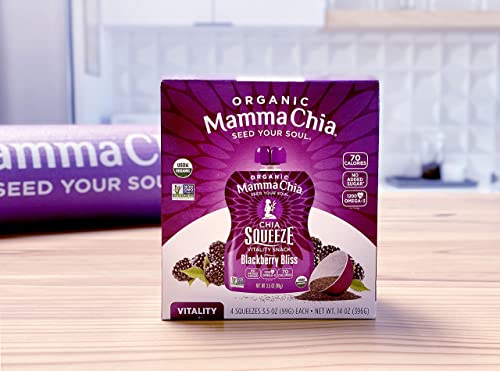 Snack orgánico Vitality Squeeze de Mamma Chia, sabor a mora, 24 sobres de chía de 3,5 onzas. Orgánico certificado por el USDA, sin OGM, vegano, sin gluten y kosher. Frutas y verduras con solo 70 calorías