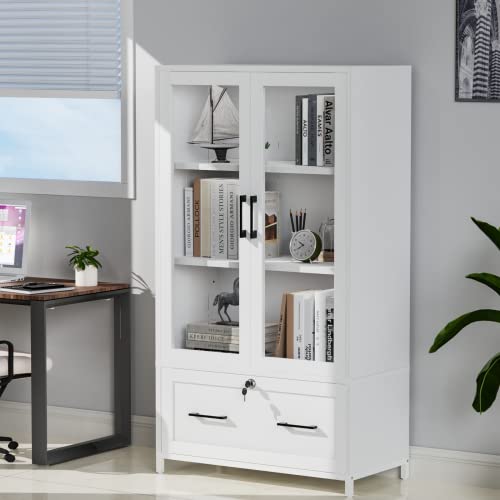 VINGLI Lateral File Cabinet with Glass Doors and Locking Drawer for Hanging File Folders, Bookshelf with Adjustable Shelves for Home Office (White, 30''W x 16''D x 55''H)