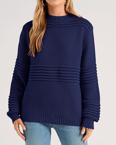 ***KIRUNDO Knit Sweater for Women Trendy Long Sleeve Striped Round Neck Soft Chunky Knit Pullover Cute Crochet Hollow Out Sweaters Fall Winter Ladies Sweater Navy(Navy, Small)***