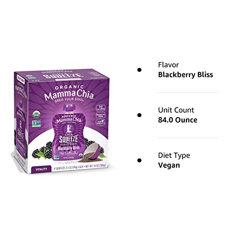 Mamma Chia Organic Vitality Squeeze Snack, Blackberry Bliss, 24- 3.5 Ounce Chia Pouches. USDA Organic, Non-GMO, Vegan, Gluten Free, and Kosher. Fruit and Vegetables with only 70 Calories