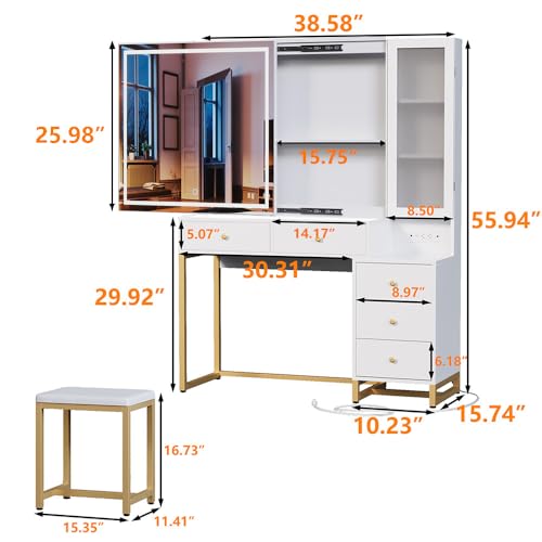 Wildhome Vanity Set with Lighted Mirror and Charging Station, Extra Large Mirror Makeup Vanity Table with Cushioned Stool,5 Drawers