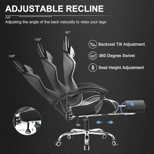 Silla para juegos GTPLAYER, silla para computadora con reposapiés y soporte lumbar, silla para juegos de altura ajustable con asiento giratorio de 360° y reposacabezas y para oficina o juegos (blanco)