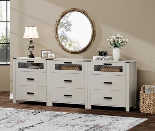 WAMPAT Sideboard Buffet Cabinets with 9 Drawers, Kitchen Storage Cabinets with Mesh Door, Wood Coffee Bar Storage Organizer Units Furniture for Dining, Living and bed Room，Antique White