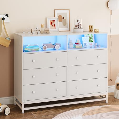 Jojoka Wide Dresser for Bedroom with Charging Station, 6 Drawer Dresser with LED Lights