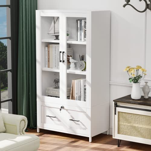 VINGLI Lateral File Cabinet with Glass Doors and Locking Drawer for Hanging File Folders, Bookshelf with Adjustable Shelves for Home Office (White, 30''W x 16''D x 55''H)