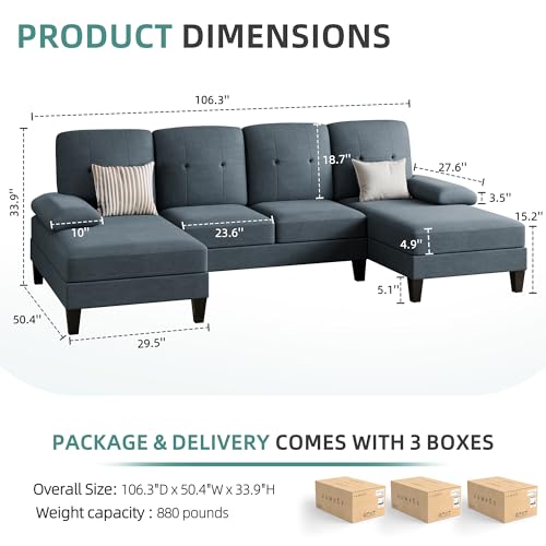 JAMFLY Sectional Sofa Couches for Living Room, 4 Seat U-Shaped Sofa Couch with Linen Fabric and Double Chaises for Apartment, Office, Dark Grey