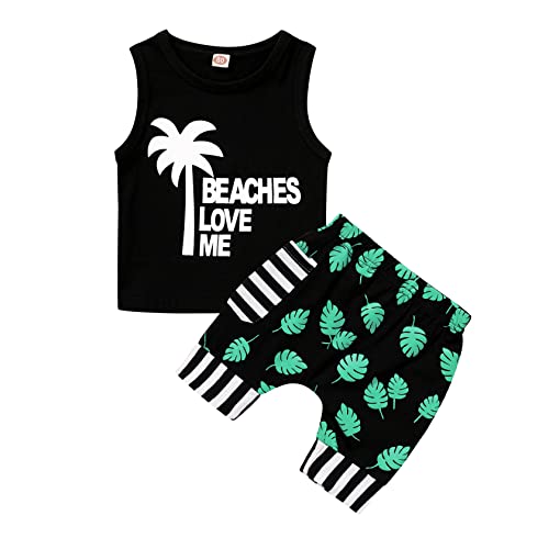 Ropa de verano para bebés varones YOUNGER TREE, camisetas sin mangas y pantalones cortos con estampado de Beaches Love Me, conjuntos casuales para niños (negro, 18 a 24 meses)